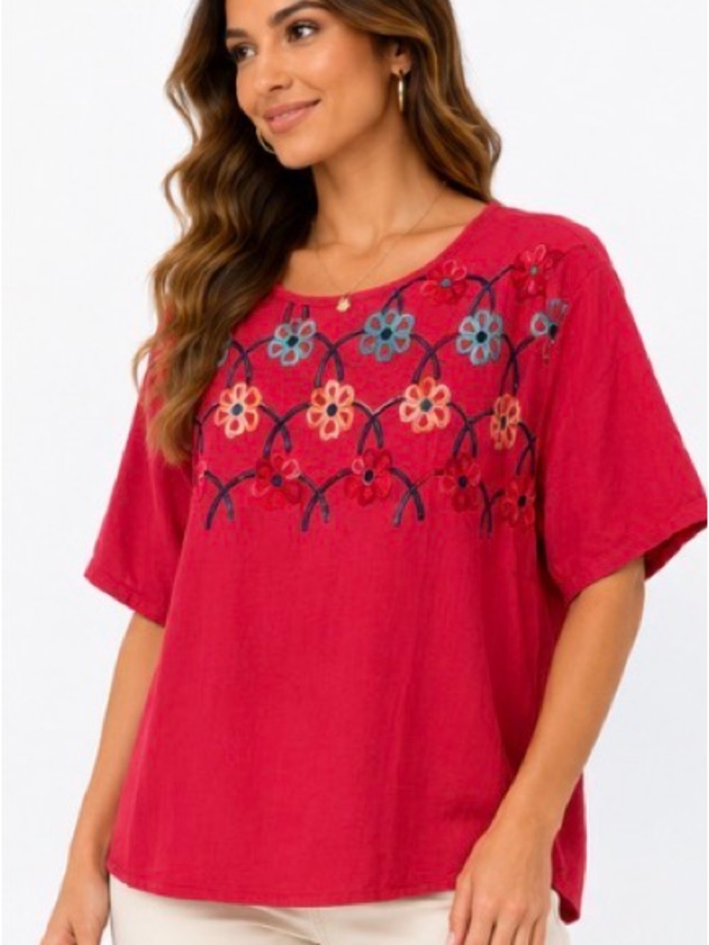 AZ NWT Embroidered Floral Viscose Blouse Red S/M Boho Top
